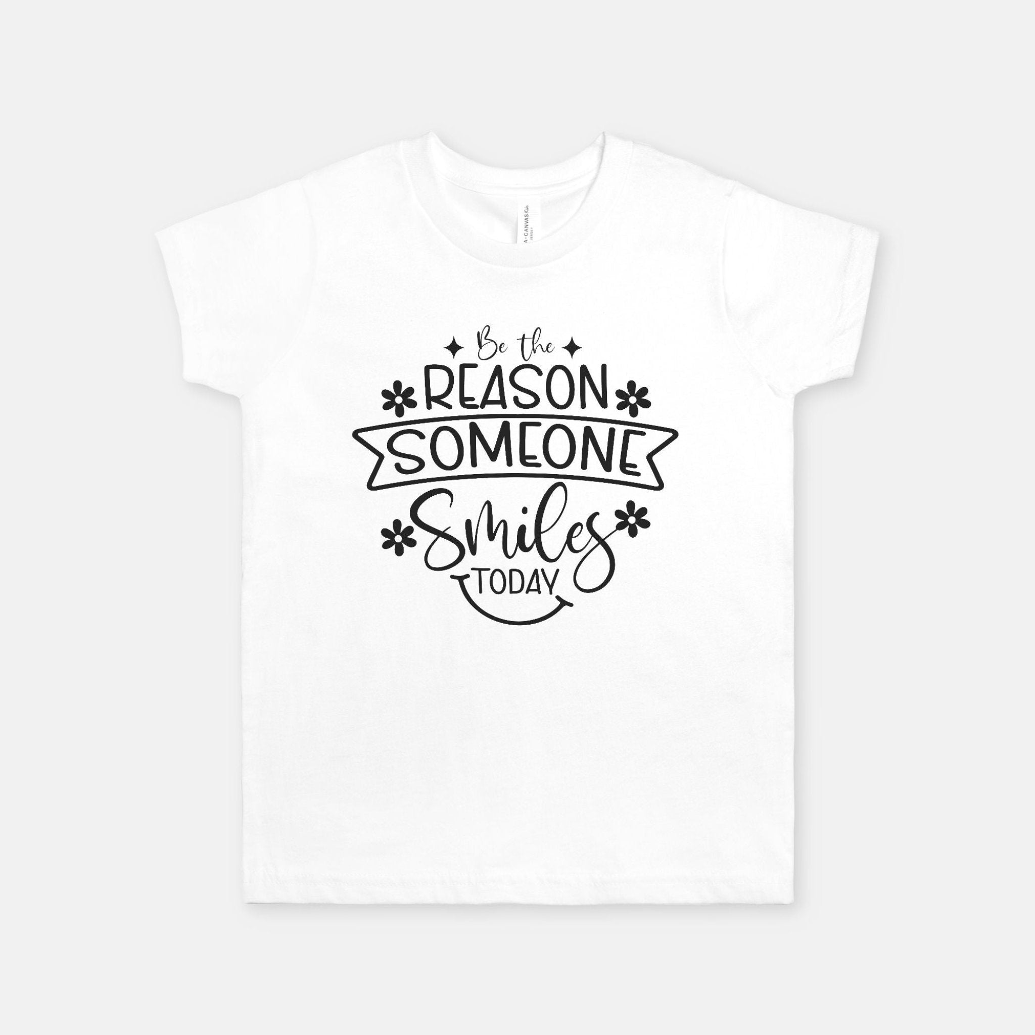 White youth t-shirt Be The Reason Someone Smiles Today with flowers and smile face