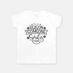 White youth t-shirt Be The Reason Someone Smiles Today with flowers and smile face
