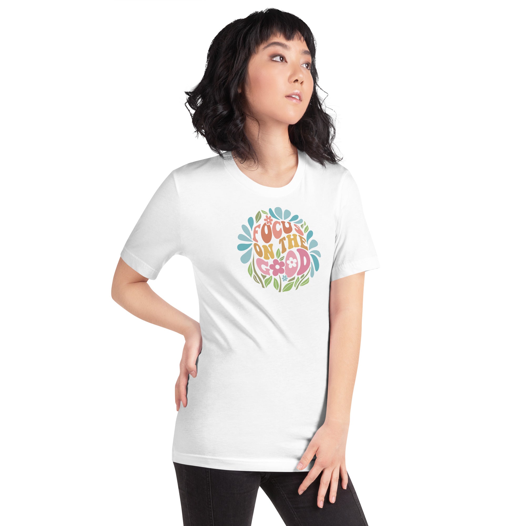 FOCUS ON THE GOOD GRAPHIC TEE ON A WHITE SHIRT
