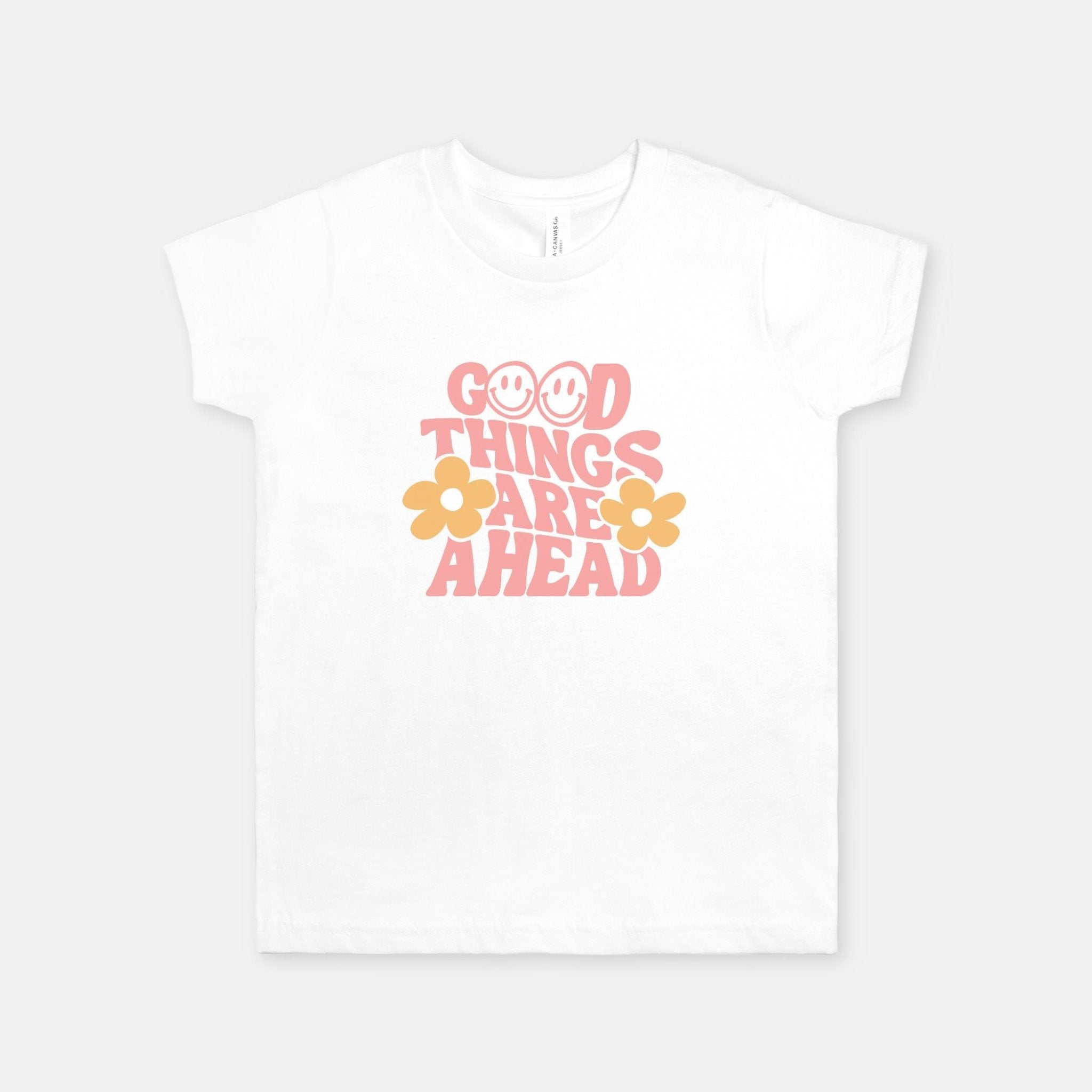 Good Things Are Ahead with pink wording and yellow flowers graphic design