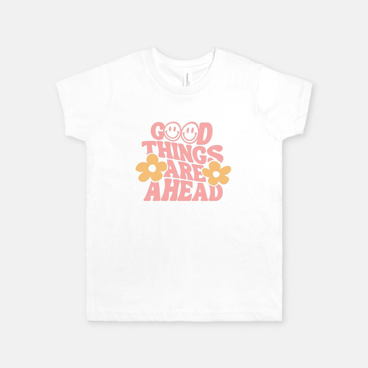 Good Things Are Ahead with pink wording and yellow flowers graphic design