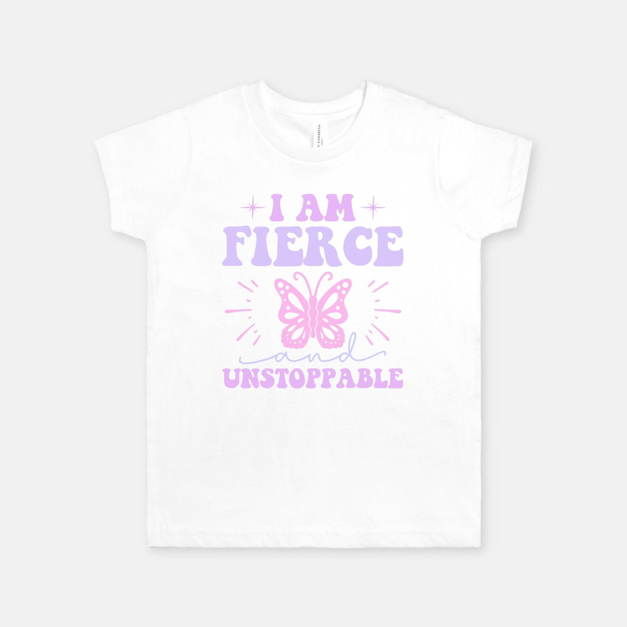 I AM FIERCE and UNSTOPPABLE Graphic Design Youth T-shirt In Pink and Purple