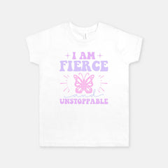 I AM FIERCE and UNSTOPPABLE Graphic Design Youth T-shirt In Pink and Purple