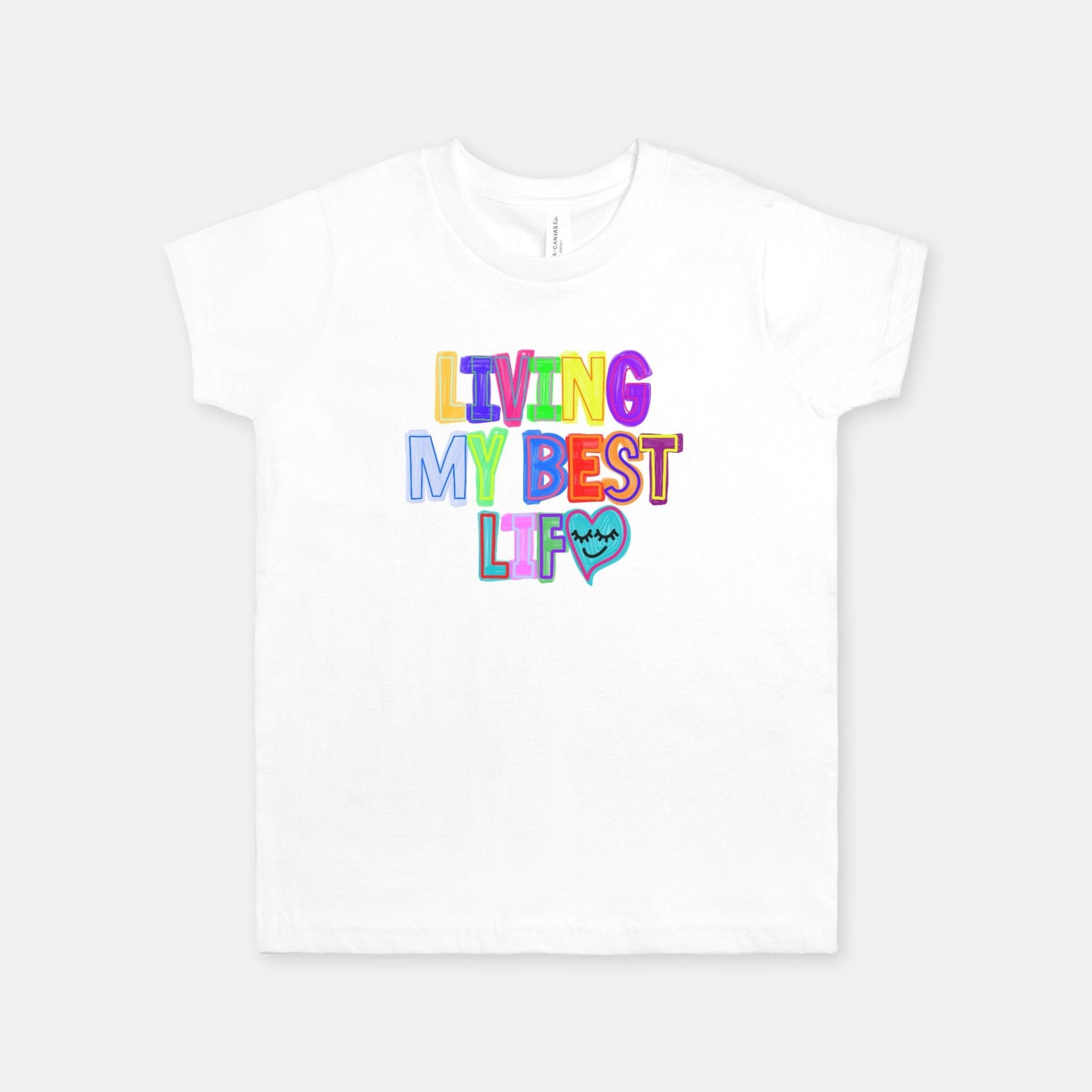 Living My Best Life Graphic Design Youth White T-Shirt in Rainbow colors